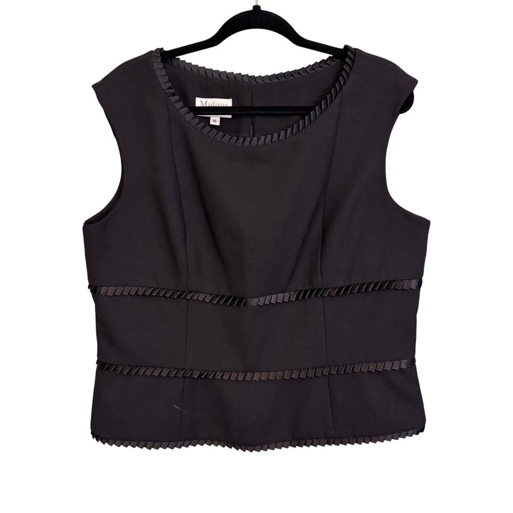 Vintage 90s Madison Gray Top Womens 16 Black Sleeveless Ruffle Lined Career USA